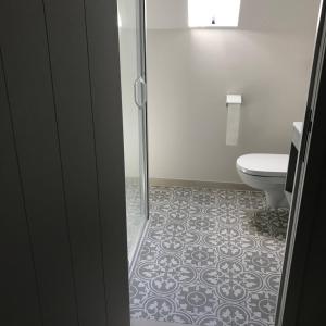 uma casa de banho com um chuveiro e um WC. em Oscaar vakantiewoning in bos em Koekelare