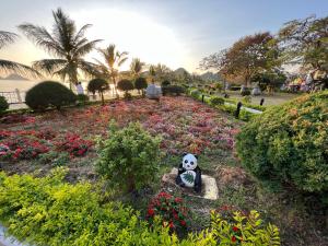 un panda imbottito seduto in un campo di fiori di Huong Cang Sea View Hotel a Cat Ba