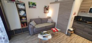 ein Wohnzimmer mit einem Sofa und einem Tisch in der Unterkunft Studio , Spa , nature et forêt au cœur des Vosges 