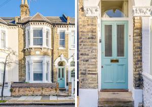 two photos of an old house with a blue door at Lovely place, perfect for family and business travellers ideally located between the commons in London