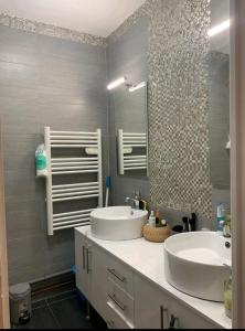 een badkamer met 2 wastafels en een spiegel bij Massi'z in Neuilly-sur-Marne