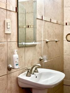 un lavabo con espejo y una botella de jabón. en Ayllu en Salta