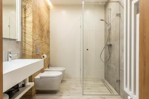 Un baño con ducha, inodoro y lavabo. en Royal Hill Residence, en Zakopane