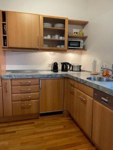 a kitchen with wooden cabinets and a counter top at Appartement 4You in Schladming