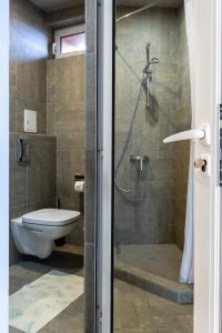 uma casa de banho com um WC e uma cabina de duche em vidro. em Къщи за гости Сноуфлейк Snowflake Chalet and Snowflake Lodge em Bansko