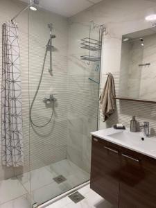 y baño con ducha acristalada y lavamanos. en Modern Flatiron Apartment, Skopje Center, en Skopje