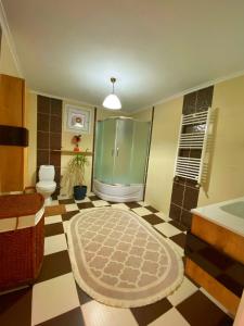 a bathroom with a shower and a toilet and a sink at Cozy Flat with Backyard and Fireplace in Sapanca in Sapanca