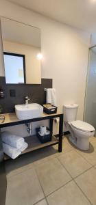 La salle de bains est pourvue d'un lavabo et de toilettes. dans l'établissement SUITES LOMBOY & PLAZA, à San José del Cabo