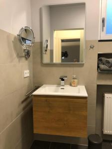 a bathroom with a sink and a mirror at Saarland Appartements in Wadgassen