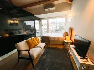 een woonkamer met een bank, een bed en een televisie bij NiP Apartment | Porto City Center Near All Sights in Porto