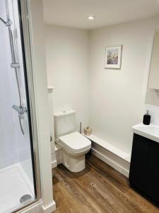 a white bathroom with a toilet and a shower at Apartment 6 Sullivan House in Hereford