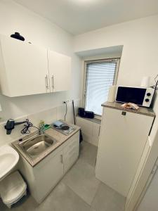 a small kitchen with a sink and a microwave at Einzimmer-Apartment 25 m2 Gartenzinken im Zentrum von Bad Ischl in Bad Ischl