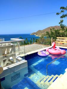 a swimming pool with two inflatable toys in it at Tayrona Colors Hostel in Taganga