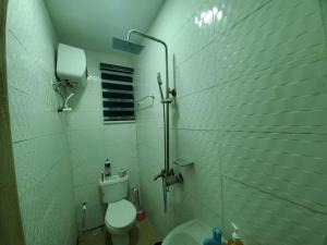 a bathroom with a shower with a toilet and a sink at DINERO DIAMOND - ONE BED APARTMENT in Lagos