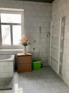 baño con bañera, lavabo y ventana en Penzion Breuer, en Jablonec nad Jizerou