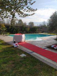 uma piscina com um tapete vermelho ao lado em Agriturismo Gusto Nocciola em Bagnoli
