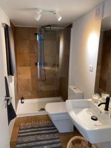 a bathroom with a shower and a toilet and a sink at Casa de São João in Fajã de São João +51 photos