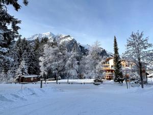 einen schneebedeckten Berg vor einem Gebäude in der Unterkunft Typically Swiss Hotel Ermitage in Kandersteg