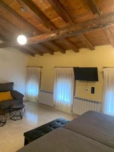 1 dormitorio con 1 cama, TV y cortinas en Casa Rural Tía Paulina, en Calmarza