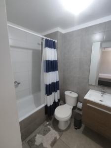 a bathroom with a toilet and a shower and a sink at Departamento por día 3 dormitorios y 2 baños in Arica