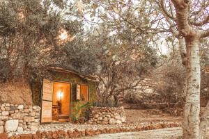 ein kleines Haus mit einer Tür im Wald in der Unterkunft Hobbit village in Dana