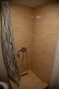 シビウにあるLittle Center Apartamentのバスルーム(シャワー、シャワーカーテン付)が備わります。