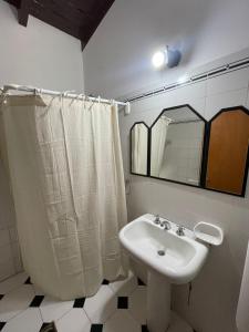 baño con lavabo y cortina de ducha en Hermosa y amplia casa en la mejor ubicacion de Chacras, con piscina y jardin en Luján de Cuyo
