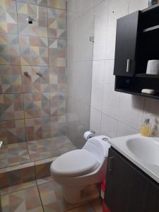 ein Badezimmer mit Toilette, Dusche und Waschbecken in der Unterkunft APTO 11 CALI - sur in Cali