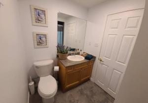 a bathroom with a white toilet and a sink at Cozy 2-bedroom lower unit! in Barrie