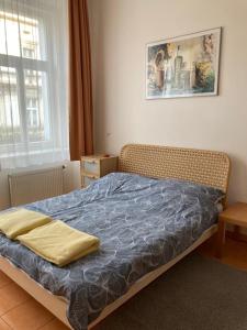 1 dormitorio con 1 cama con edredón azul en Aparthotel City 5, en Praga