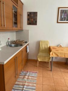 a kitchen with a sink and a table with a chair at Aparthotel City 5 in Prague