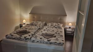 ein Bett in einem Schlafzimmer mit zwei Lampen auf beiden Seiten in der Unterkunft Relax Apartments Sárvár A2 in Sárvár