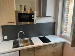 a kitchen with a sink and a microwave at Cambrai splendide studio au calme in Cambrai