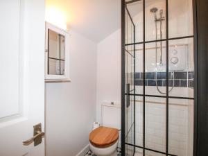 een badkamer met een toilet en een douche bij Wolf Cottage in Weymouth +30 foto's