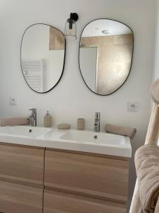 uma casa de banho com um lavatório e 2 espelhos em Les Lodges de Saint Brice 1 em Arès
