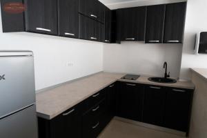 a kitchen with black cabinets and a sink at Campus Caffe Mansion in Buzău