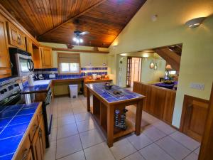 a large kitchen with blue counter tops and wooden cabinets at Casa Buena Vida in West Bay