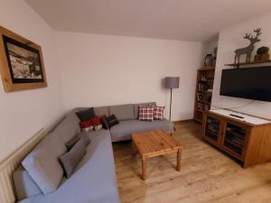 a living room with a couch and a tv at Ferienwohnung Schmiedhofer in Ellmau