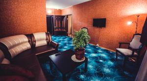 a living room with a potted plant on the floor at Afonya Inn in Nizhny Novgorod