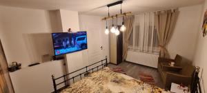 uma sala de estar com televisão na parede em Studio OnE Lupeni em Lupeni