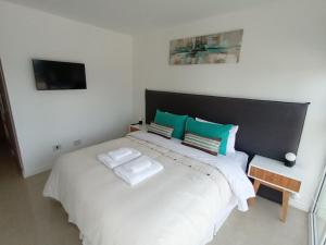 1 dormitorio con 1 cama blanca grande con almohadas verdes en De LOS TEMPANOS en Ushuaia