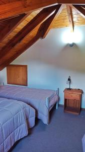 - une chambre avec deux lits et un plafond en bois dans l'établissement Cabaña Los Tres Ángeles, à San Martín de los Andes