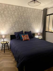 1 dormitorio con 1 cama grande con manta azul en Maison Hyper centre-Hôpital et parking en Moulins