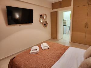 a bedroom with a bed with a flat screen tv at Menelaou Cozy Apartment in Athens