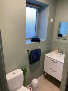 łazienka z toaletą, umywalką i oknem w obiekcie Cambrai:studio style loft w mieście Cambrai