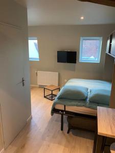 sypialnia z łóżkiem i telewizorem z płaskim ekranem w obiekcie Cambrai:studio style loft w mieście Cambrai