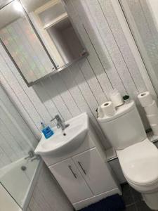 a bathroom with a white toilet and a sink at Make it your home and relax in Fallings Park