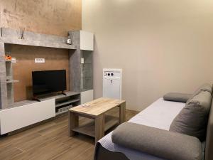 a living room with a bed and a television at King Milans Apartment in Belgrade