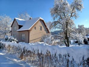 a house covered in snow next to a tree at CHalupa Relax in Dolní Lomná