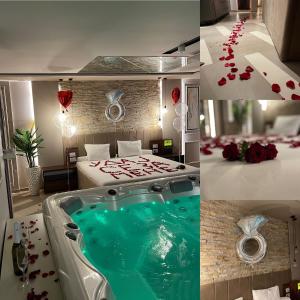 a hotel room with a bed and a hot tub at Spa Pleasure Apartman in Novi Sad